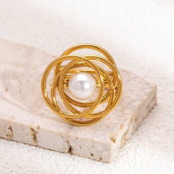 Pearl With Multi Circular Overlayered Gold Ring